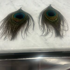 Feather earrings with dark brown feathers and blue and green accents